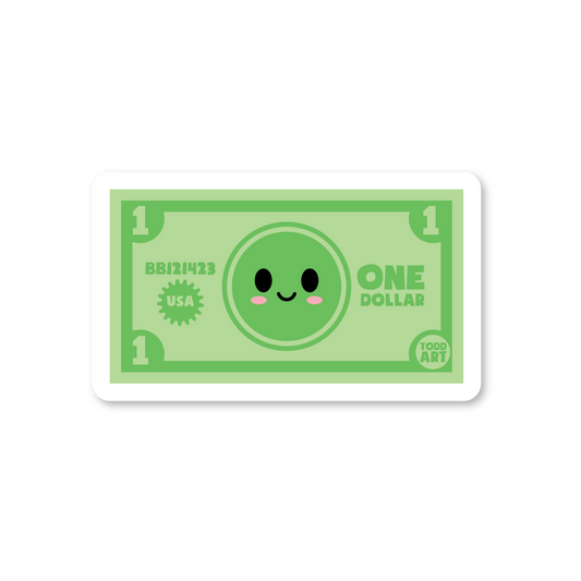 Funny smiling dollar bill sticker with green cartoon face
