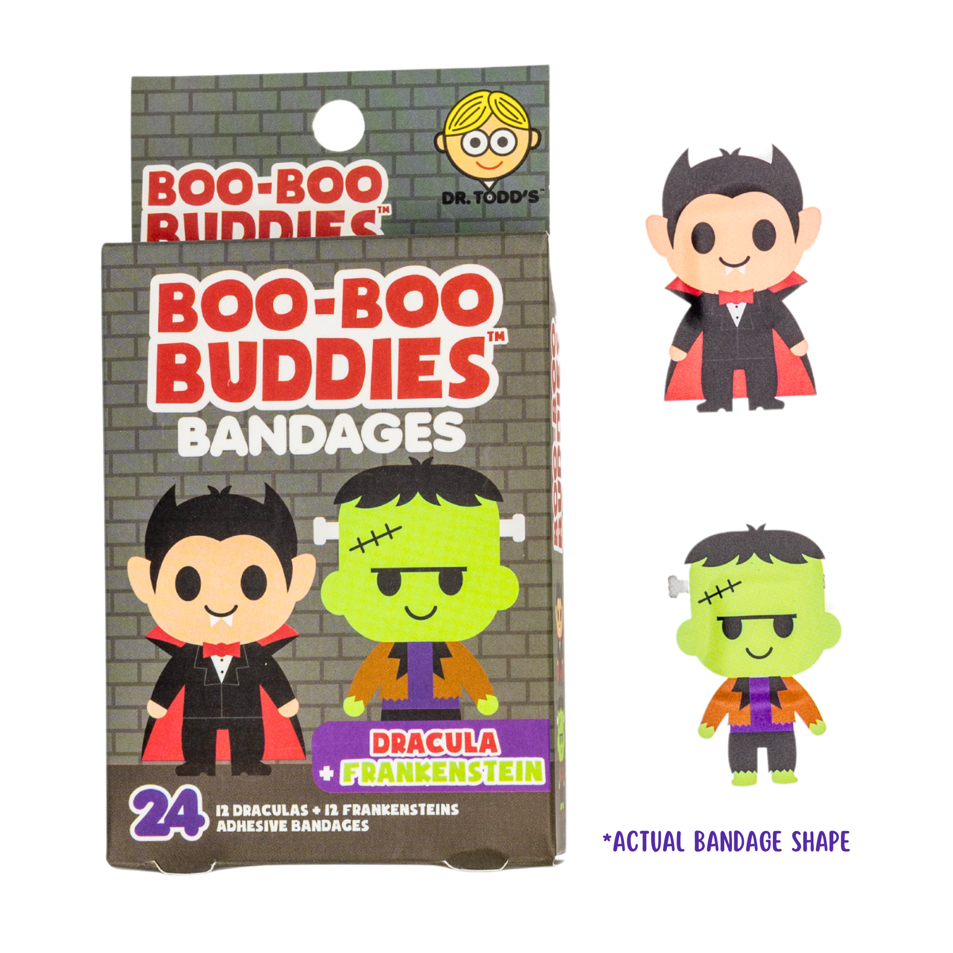 Boo Boo Buddies Dracula and Frankenstein boo boo bandages, fun Halloween-themed adhesive bandages for kids, 24-count pack