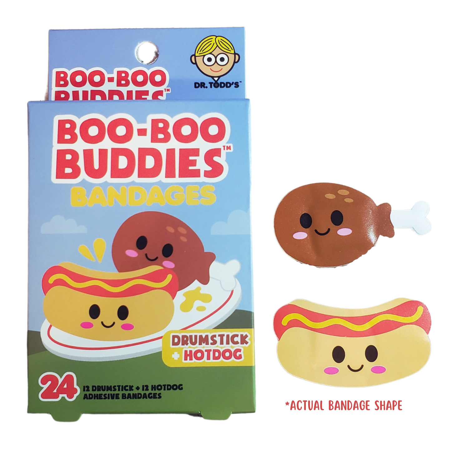 Boo Boo Buddies Drumstick and Hotdog boo boo bandages, fun food-themed adhesive bandages for kids, 24-count pack