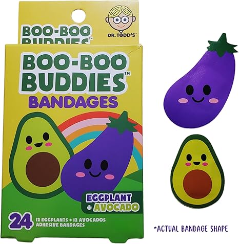 Boo Boo Buddies™ Eggplant + Avocado & Pepper + Pickle Shape Bandages Bundle – 48 Ct | Waterproof, Latex-Free Fun First Aid for Kids & Adults