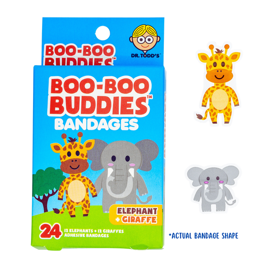 Dr. Todd’s Boo-Boo Buddies® Elephant and Giraffe Bandages – 24-count jungle-themed shaped bandages for kids
