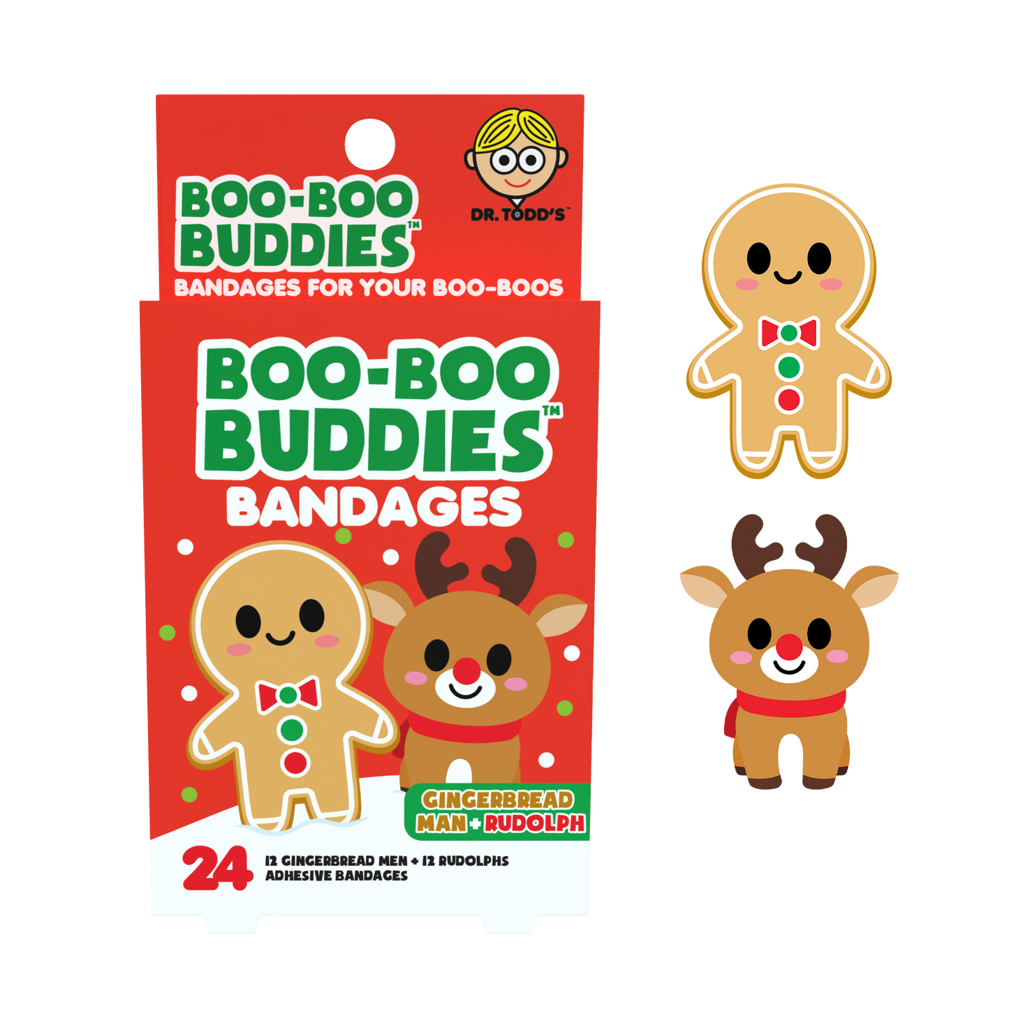 Gingerbread Man & Rudolph Bandages for Kids – Waterproof, Latex-Free, 24 Count | Dr. Todd’s Boo-Boo Buddies®