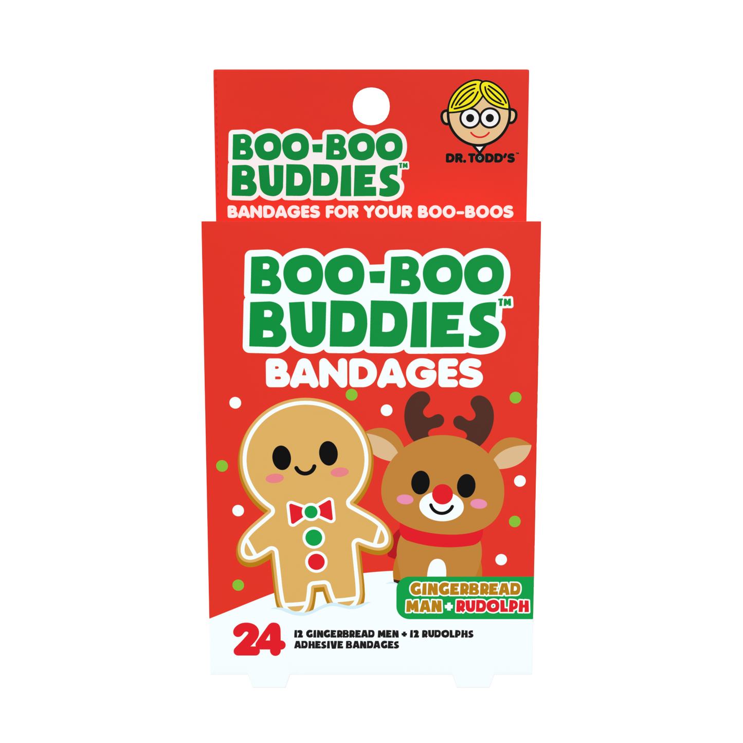 Gingerbread Man & Rudolph Bandages for Kids – Waterproof, Latex-Free, 24 Count | Dr. Todd’s Boo-Boo Buddies®
