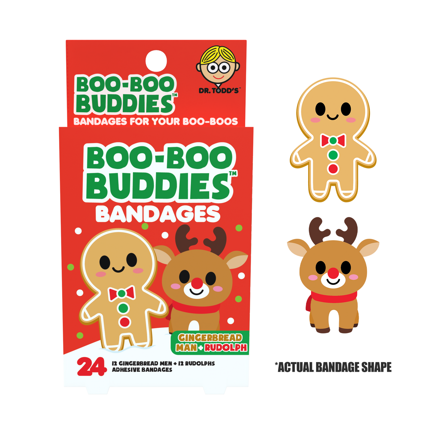 Gingerbread Man & Rudolph Bandages for Kids – Waterproof, Latex-Free, 24 Count | Dr. Todd’s Boo-Boo Buddies®
