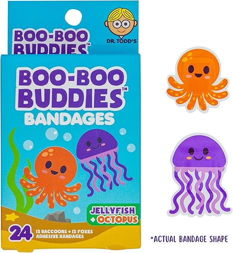Boo Boo Buddies™  Goldfish + Starfish & Jellyfish + Octopus Bandages Bundle | 48 Ct Fun Shapes for Kids | Waterproof, Latex-Free, Gentle on Sensitive Skin