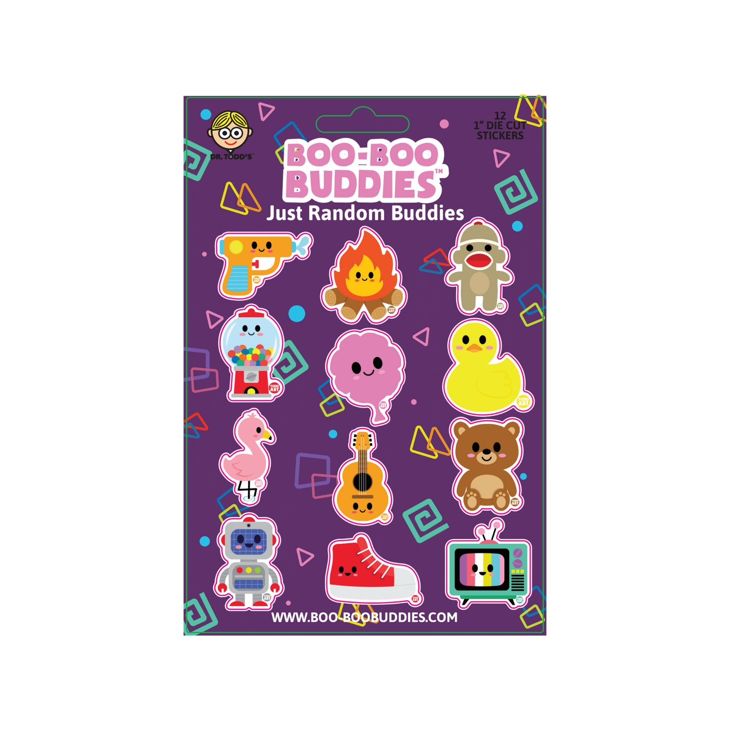 Boo-Boo Buddies® Just Random Buddies Sticker Sheet featuring 12 fun 1-inch stickers—includes fire, duck, cotton candy, robot, gumball machine, toy ray gun, teddy bear, and more for crafts, party favors, and sticker collections
