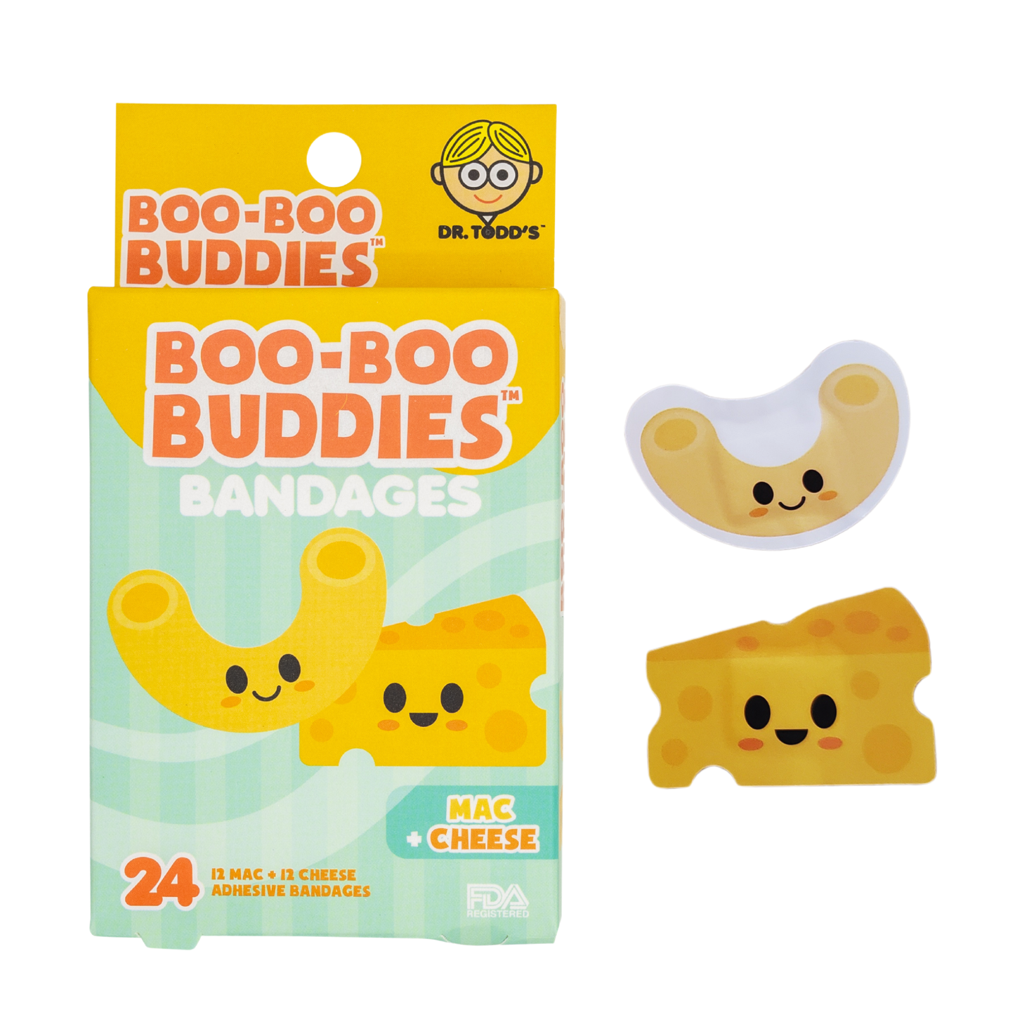 Mac & Cheese Bandages for Kids – Waterproof, Latex-Free, 24 Count | Dr. Todd’s Boo-Boo Buddies®