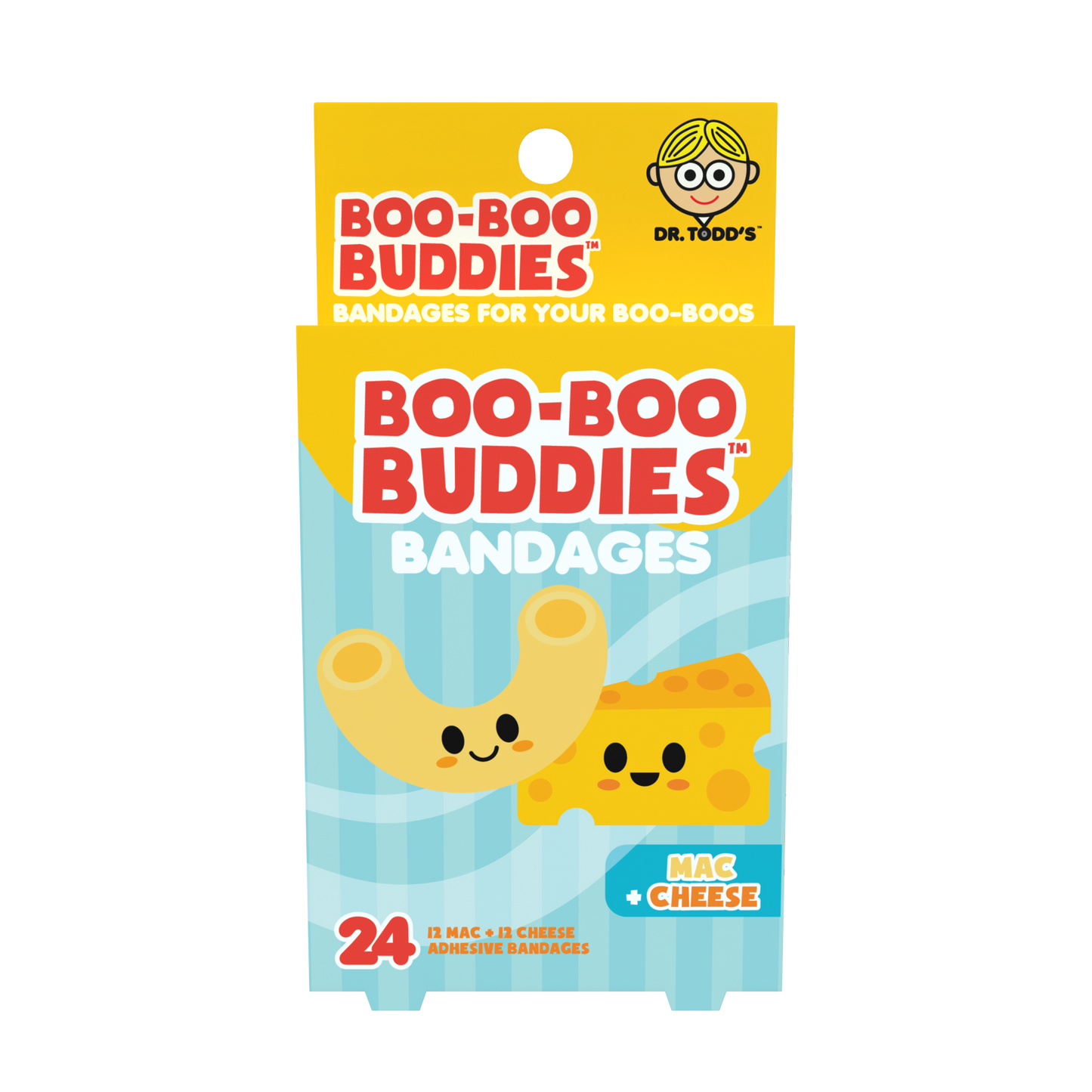 Mac & Cheese Bandages for Kids – Waterproof, Latex-Free, 24 Count | Dr. Todd’s Boo-Boo Buddies®