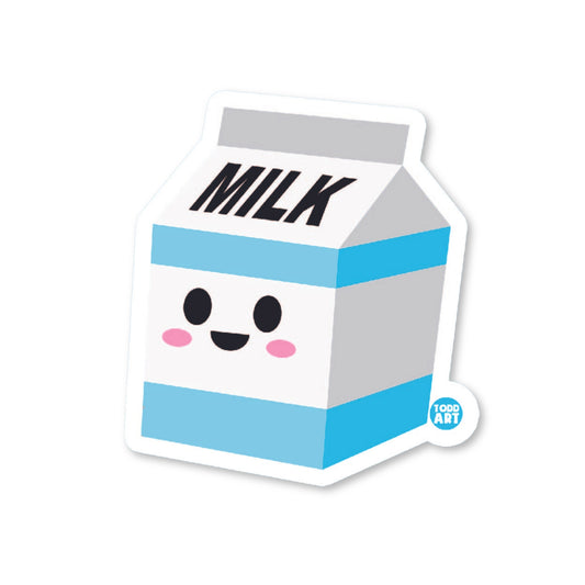 A die-cut vinyl sticker with a cartoon milk carton design, featuring a cute face on the carton body and a simple design on the lid.