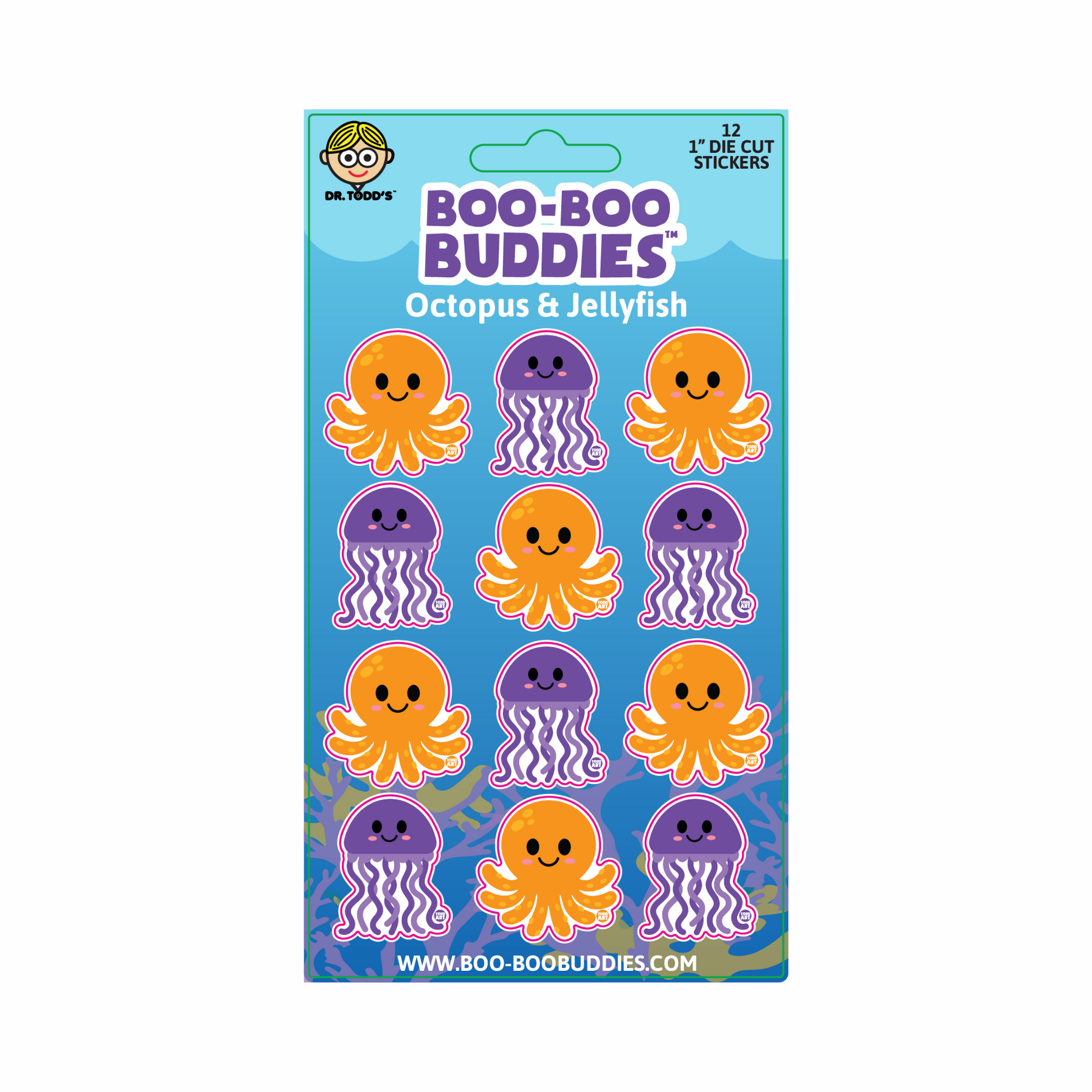 Cute ocean-themed 1-inch vinyl stickers with smiling octopus and jellyfish—perfect for kids' crafts, bottles, notebooks, and party favors.