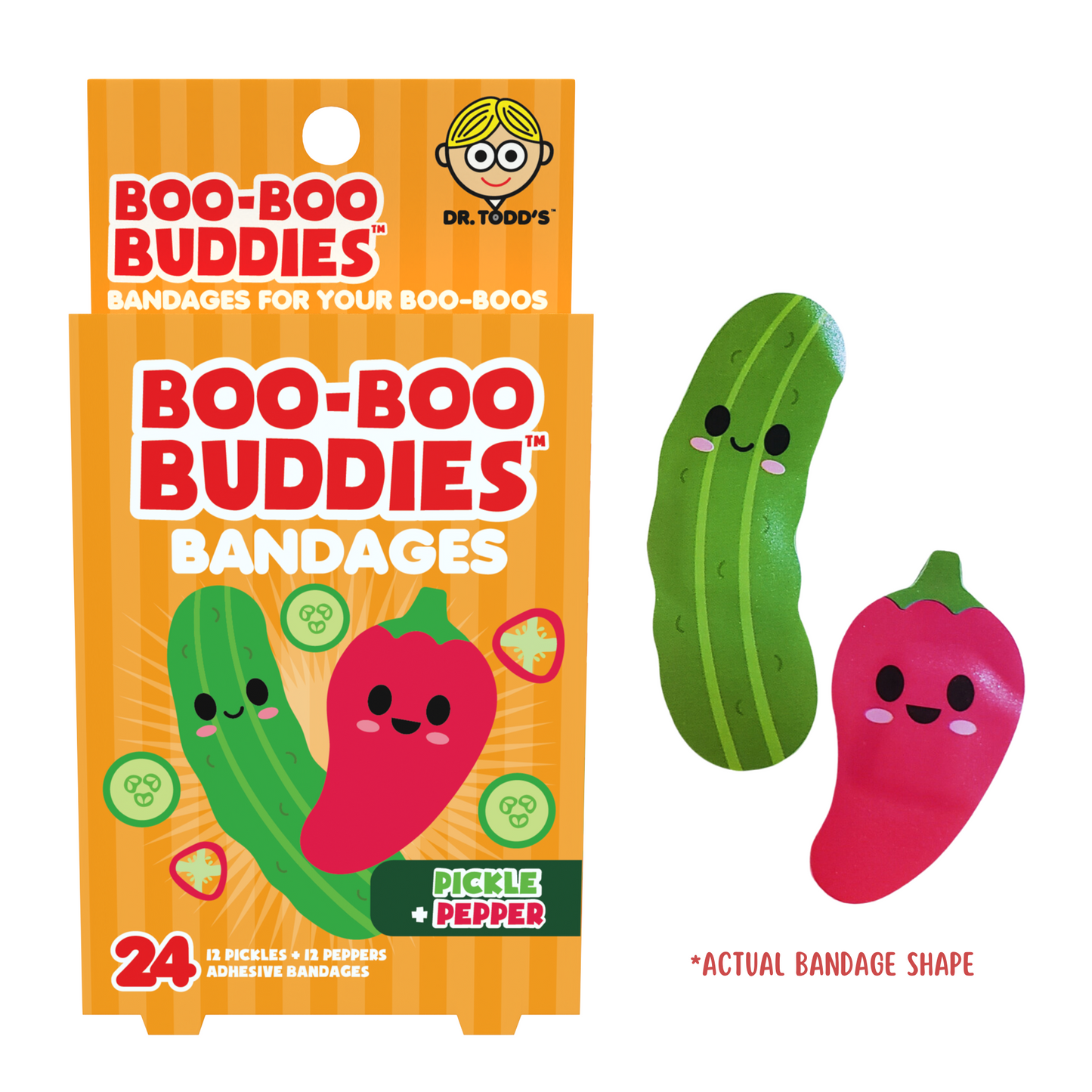2-Pack Boo Boo Buddie Sushi & Wasabi, Pickle & Pepper Bandages – 24 Ct Each | Fun Shapes for Kids & Adults | Latex-Free, Waterproof, Gentle on Skin | First Aid Kit Essential