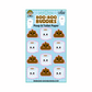 Boo-Boo Buddies® Poop and Toilet Paper sticker sheet featuring 12 silly 1-inch vinyl stickers with smiling poop and toilet roll characters on a blue bathroom tile background
