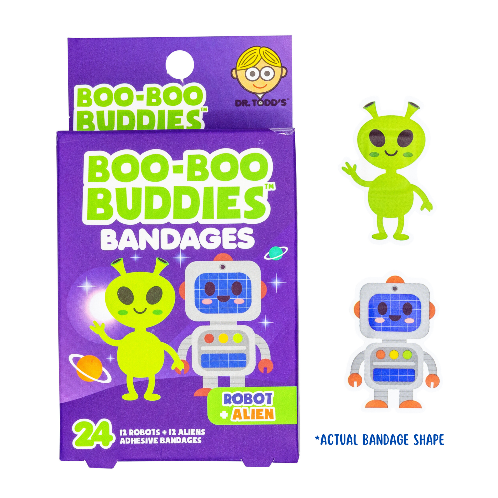 Boo Boo Buddies robot and alien bandages, fun kids' first aid shapes, 24 count, gentle on skin.