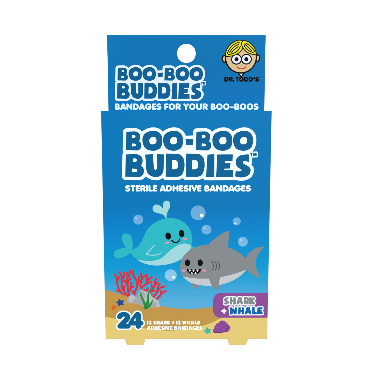 Shark & Whale Bandages for Kids – Waterproof, Latex-Free, 24 Count | Dr. Todd’s Boo-Boo Buddies®