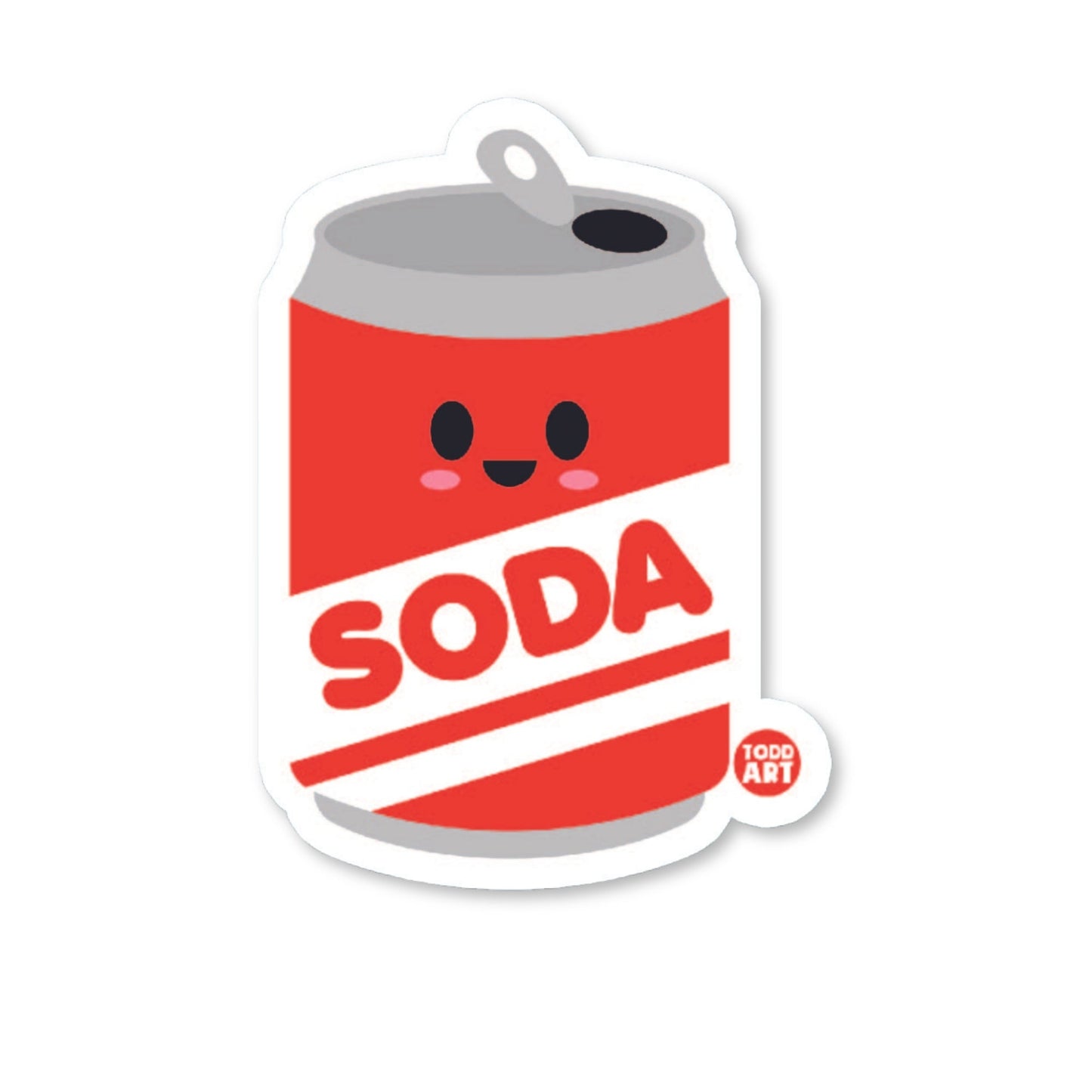 A die-cut vinyl sticker of a smiling red soda can with the word 'SODA' in bold letters.