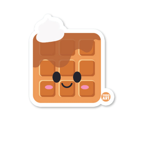 Cute kawaii waffle vinyl sticker — glossy 3″ die‑cut with smiling design, perfect for fun food sticker collections
