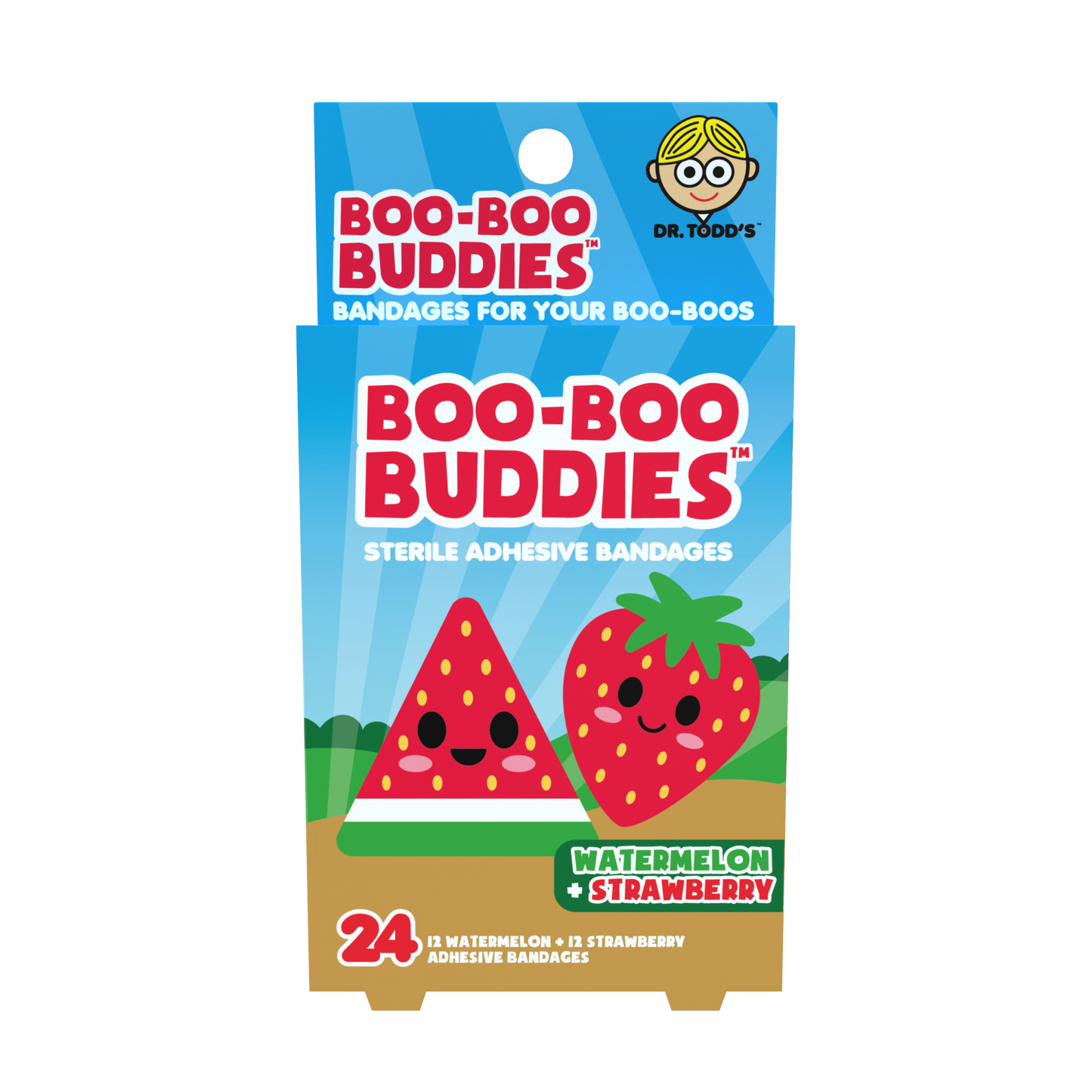 Watermelon & Strawberry Bandages for Kids – Waterproof, Latex-Free, 24 Count | Dr. Todd’s Boo-Boo Buddies®