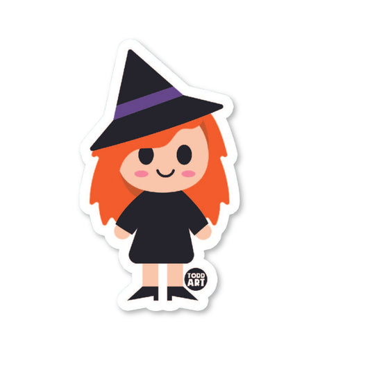 Cute kawaii witch vinyl sticker — glossy 3″ die‑cut with smiling hat for fun, Halloween sticker collections