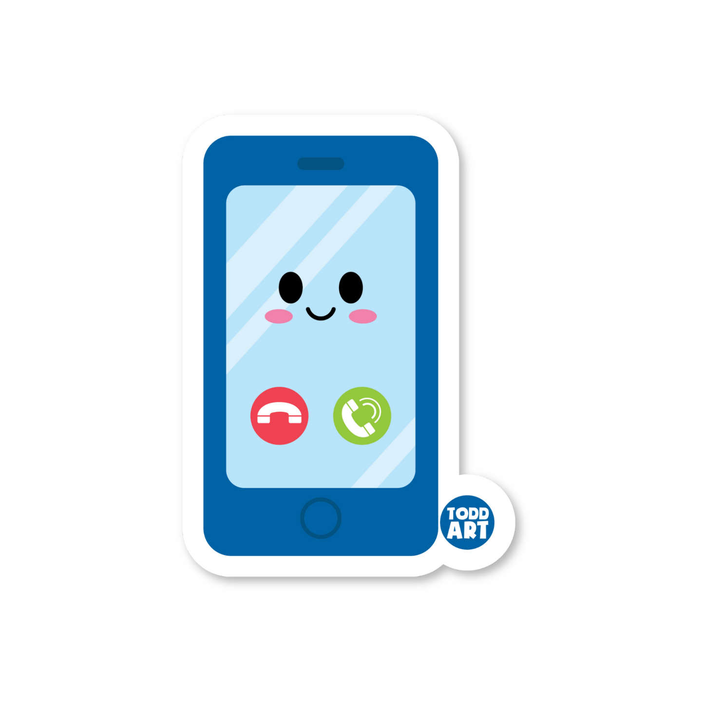 Smiling smartphone with call icons on screen – fun tech-themed sticker for gadget lovers, planners, or kid’s activities
