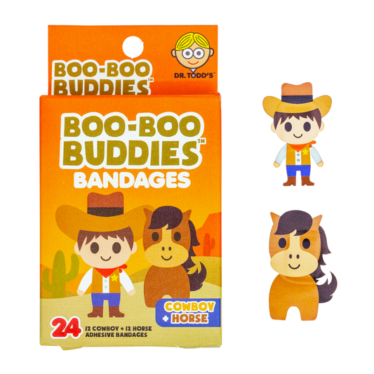 Dr. Todd’s Boo-Boo Buddies Cowboy and Horse bandage pack featuring 24 die-cut adhesive bandages shaped like a cowboy and horse character for kids.
