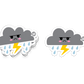 Two die-cut vinyl stickers depicting cartoon rain clouds with expressive faces and lightning bolts, on a white background.