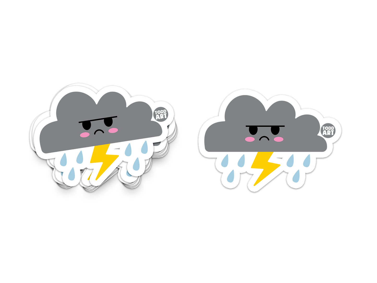 Two die-cut vinyl stickers depicting cartoon rain clouds with expressive faces and lightning bolts, on a white background.