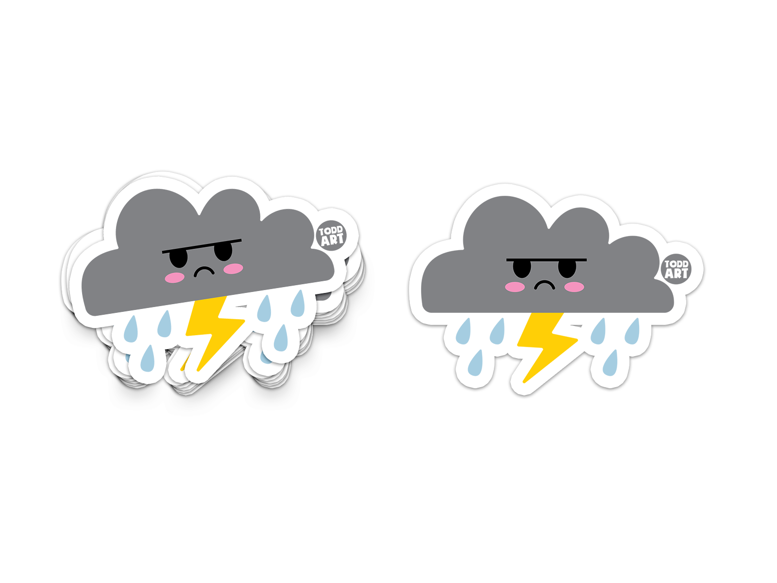 Two die-cut vinyl stickers depicting cartoon rain clouds with expressive faces and lightning bolts, on a white background.