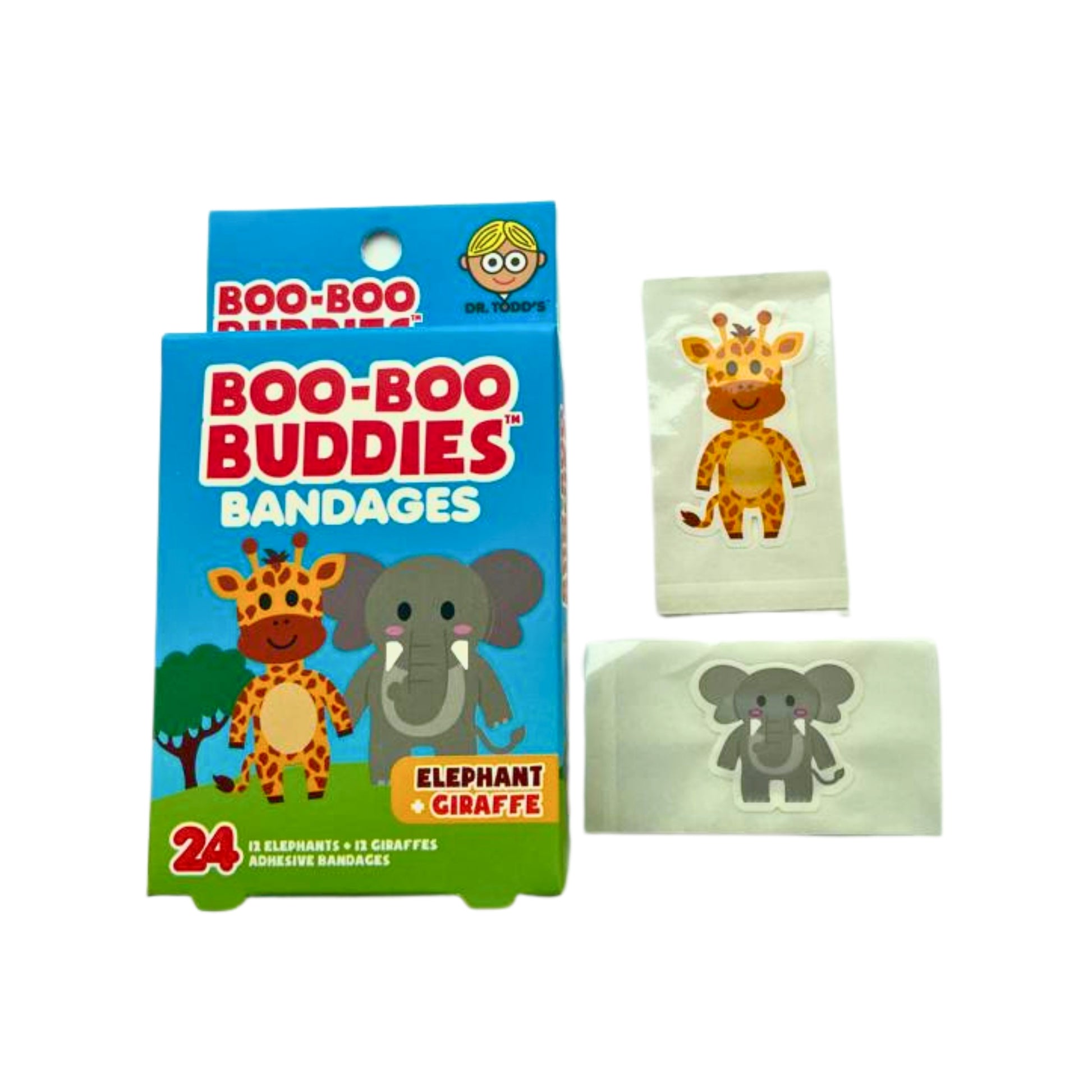Dr. Todd’s Boo-Boo Buddies® Elephant and Giraffe Bandages – 24-count jungle-themed shaped bandages for kids
