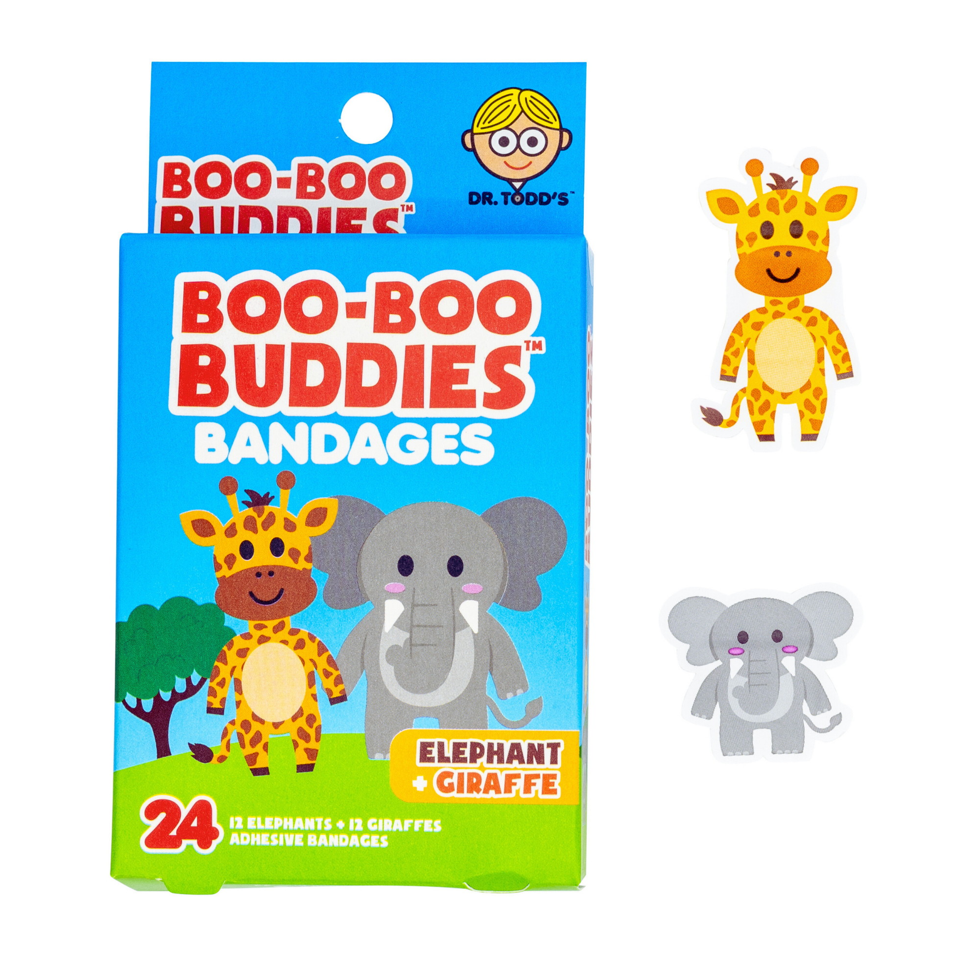 Dr. Todd’s Boo-Boo Buddies® Elephant and Giraffe Bandages – 24-count jungle-themed shaped bandages for kids
