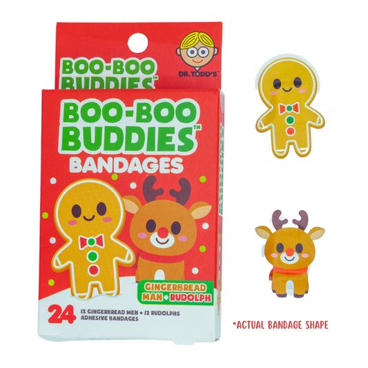 Gingerbread Man & Rudolph Bandages for Kids – Waterproof, Latex-Free, 24 Count | Dr. Todd’s Boo-Boo Buddies®