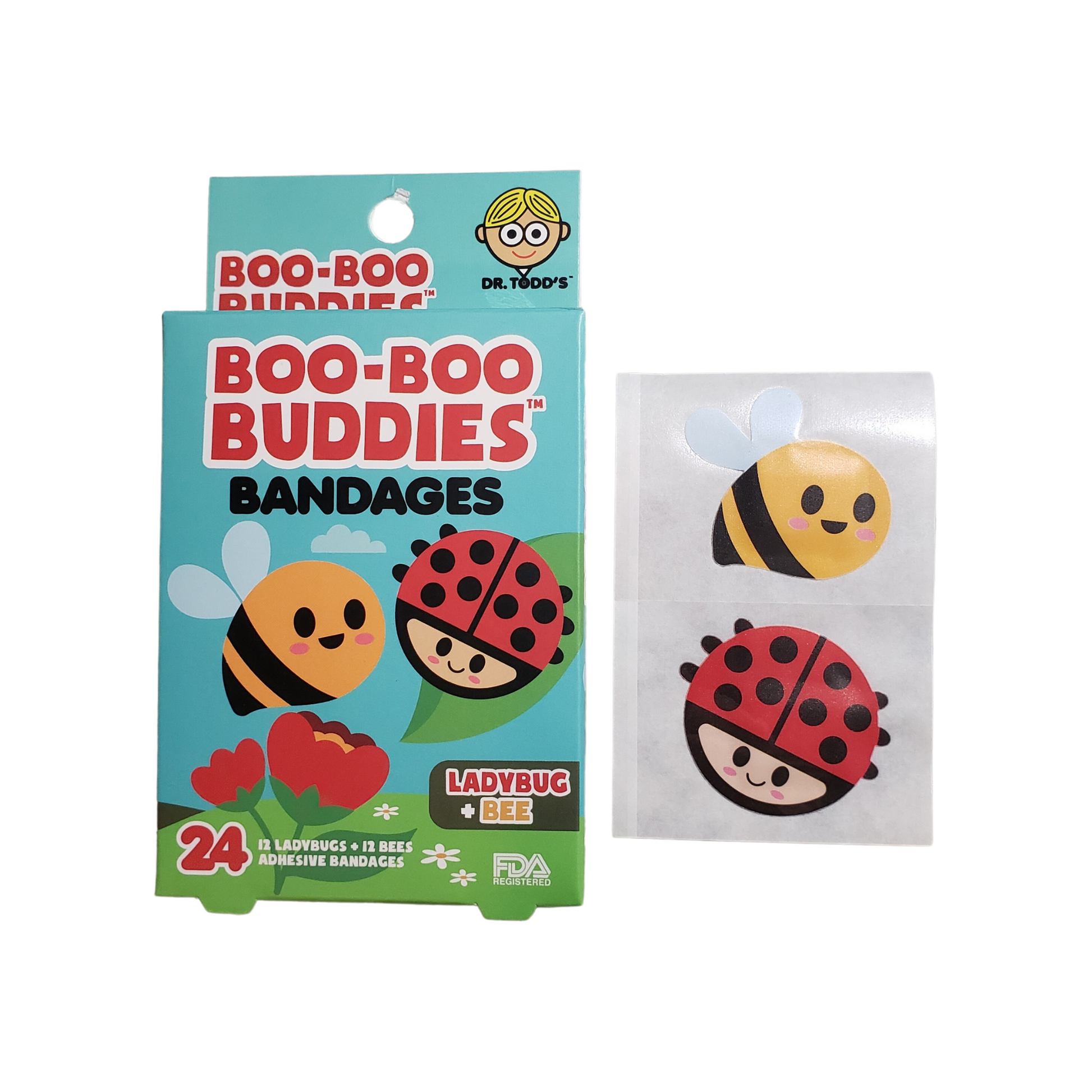 Ladybug and bee kids bandages – 24 waterproof, latex-free adhesive bandages from Dr. Todd’s Boo-Boo Buddies

