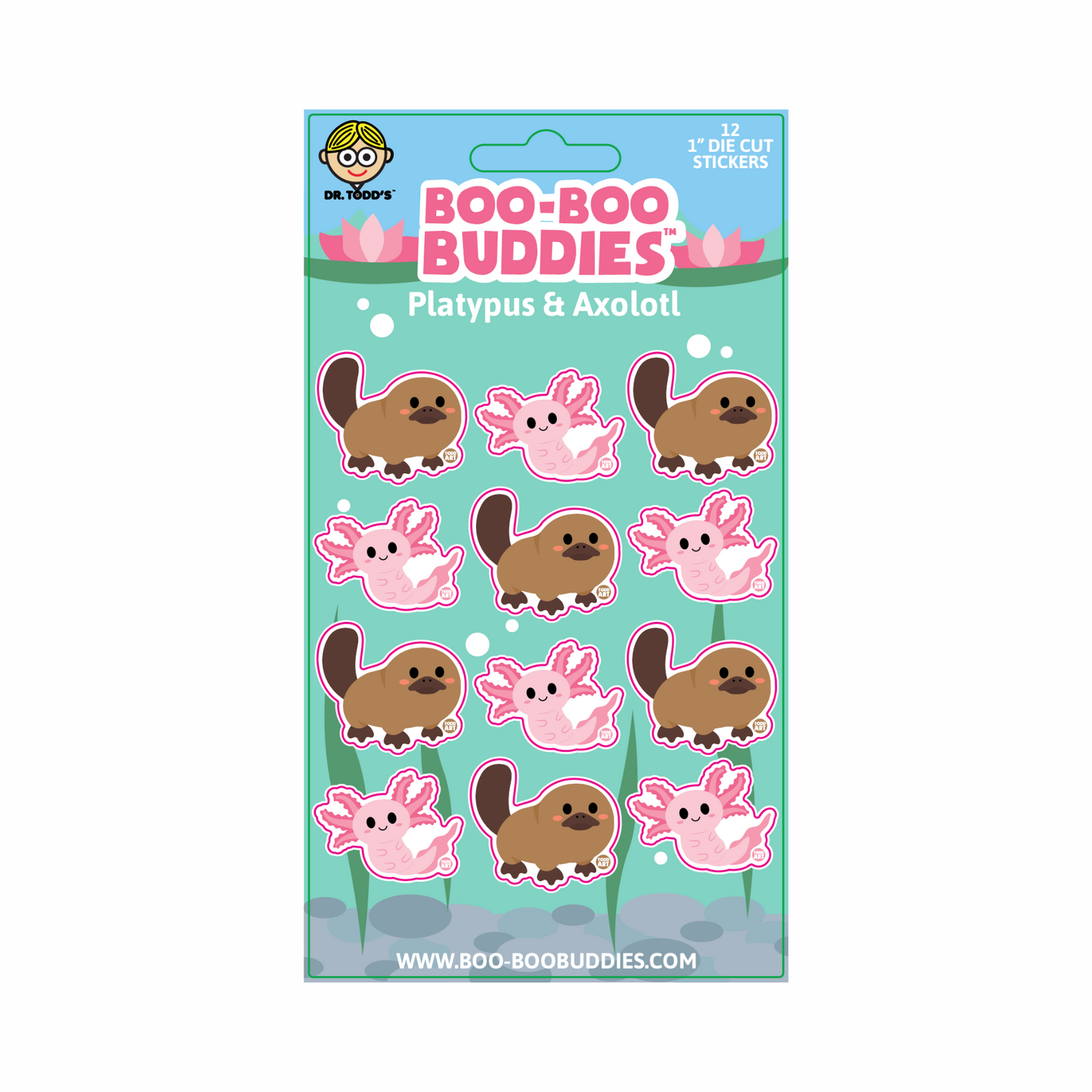 Adorable 1-inch vinyl stickers with smiling platypus and axolotl, great for decorating crafts, notebooks, and water bottles.