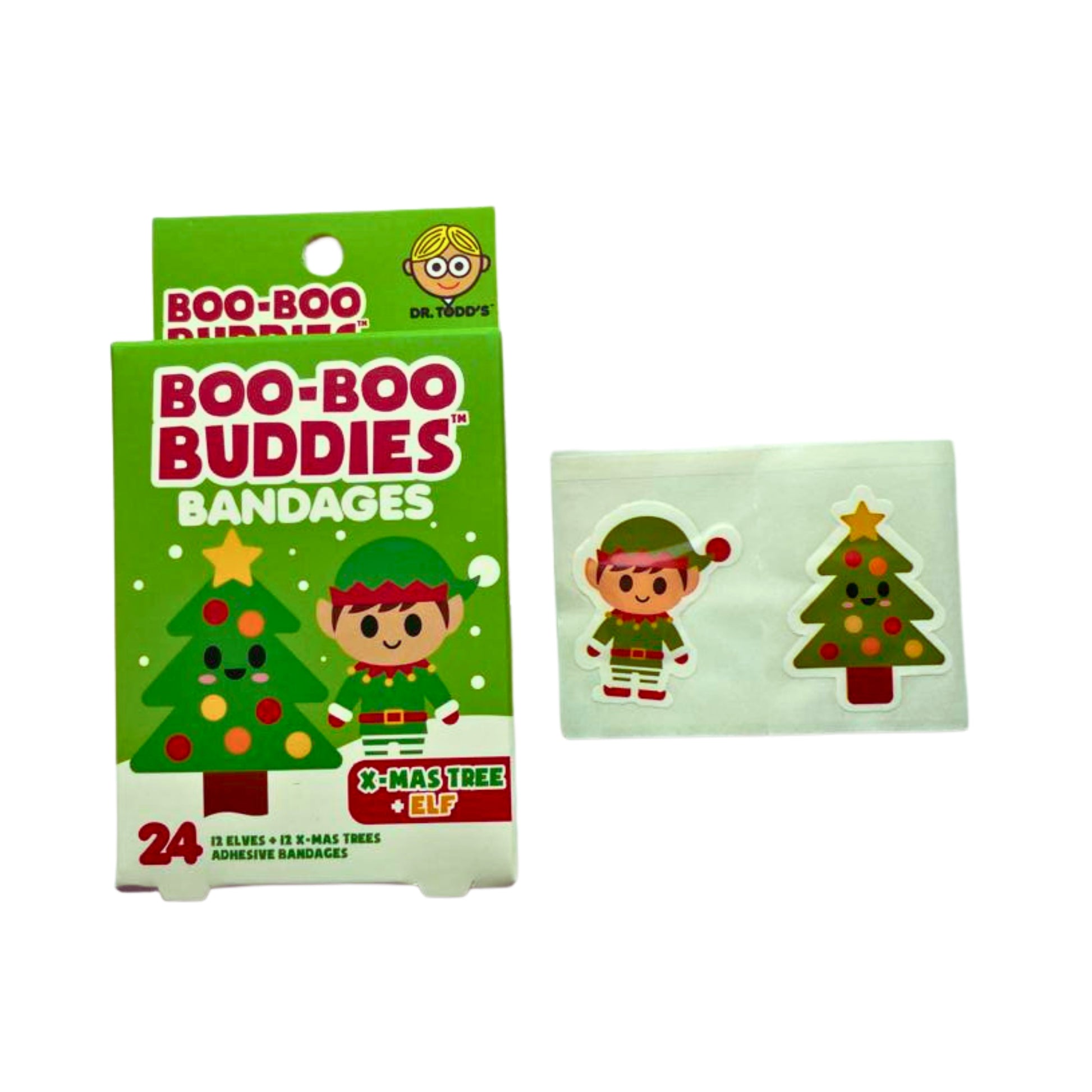 Dr. Todd’s Boo-Boo Buddies® X-Mas Tree and Elf Bandages – 24-count holiday-themed adhesive bandages for kids

