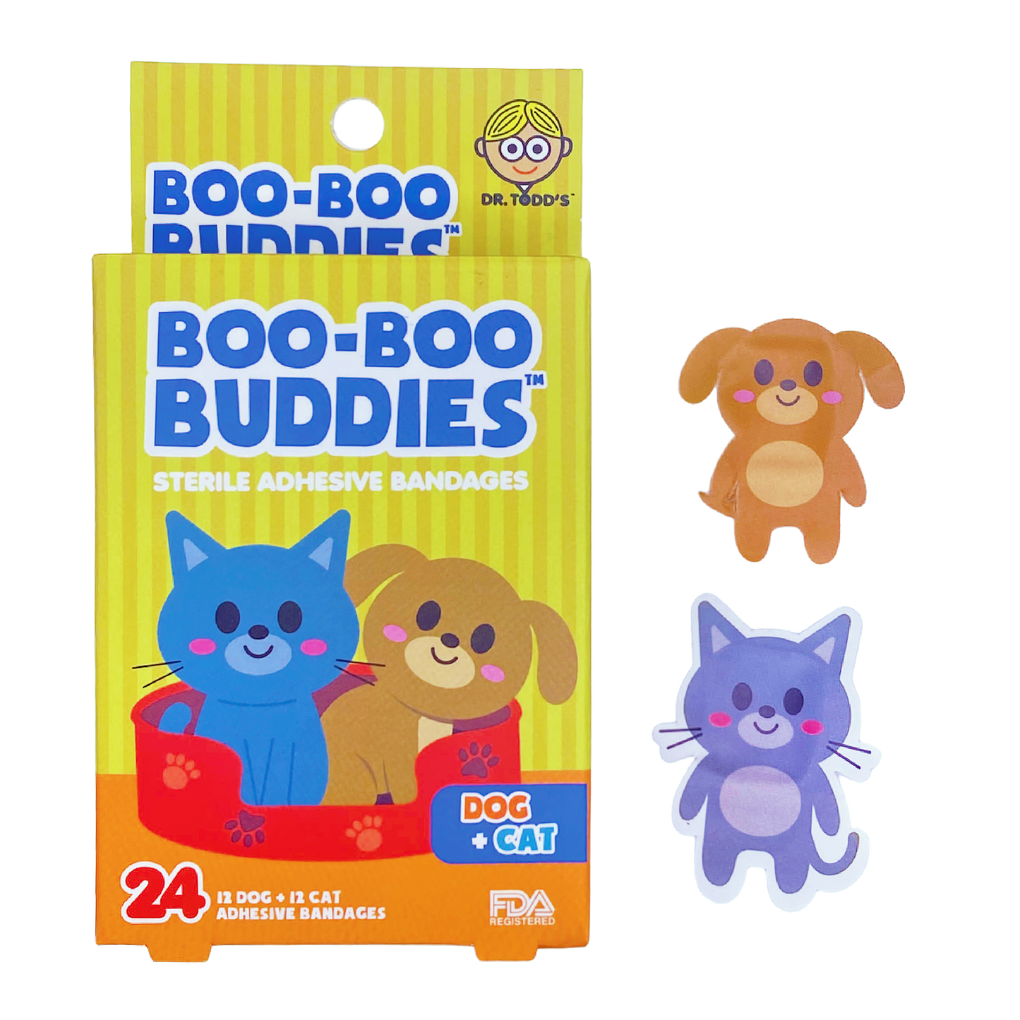 Dog and cat-shaped kids bandages – 24 count waterproof, latex-free by Dr. Todd’s Boo-Boo Buddies
