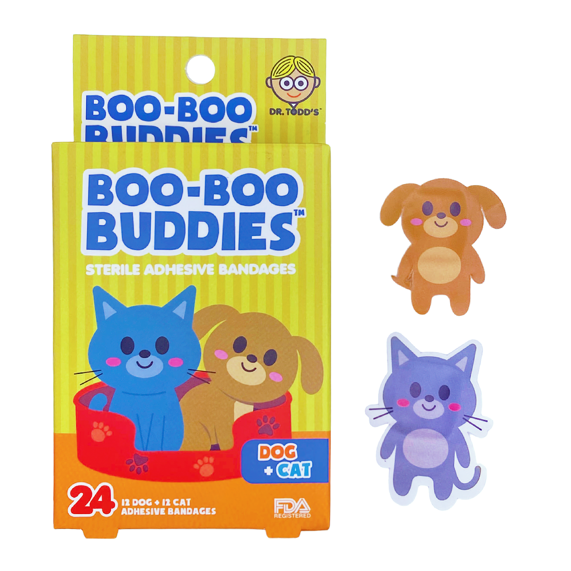 Dog and cat-shaped kids bandages – 24 count waterproof, latex-free by Dr. Todd’s Boo-Boo Buddies
