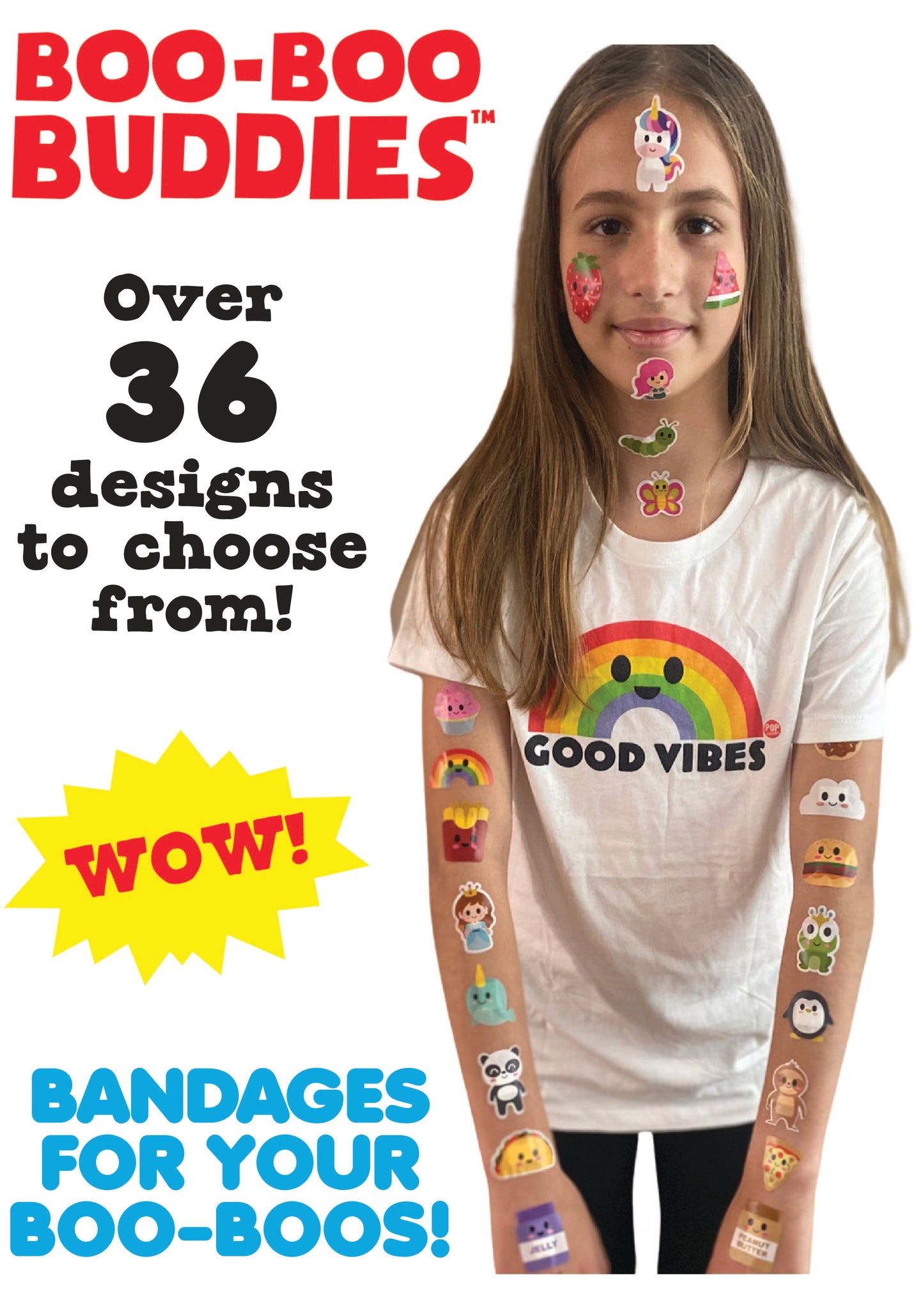 Boo Boo Buddies Bandages -Kid with Bandages all over her arm and Face