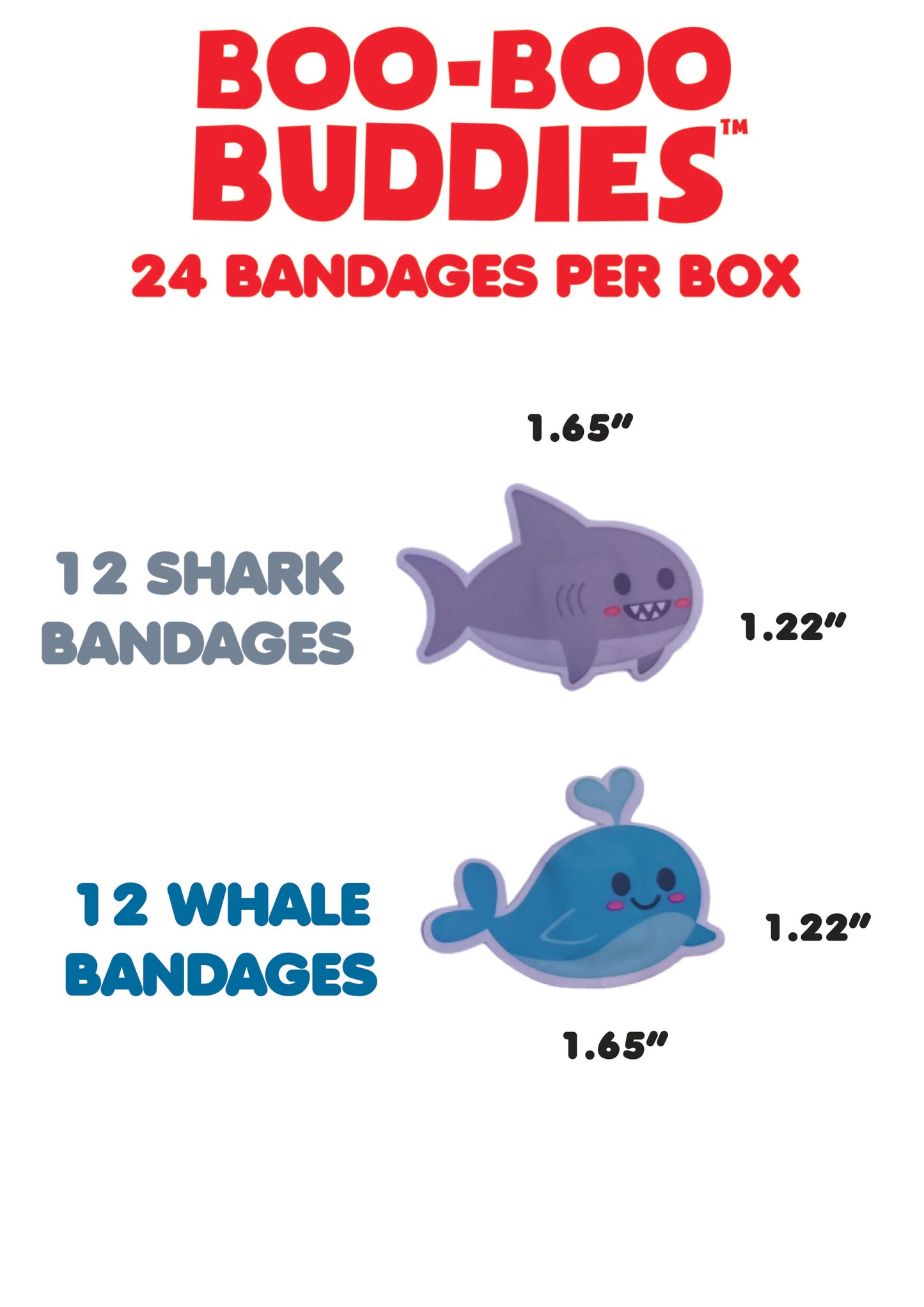 Boo Boo Buddies Bandages - Shark and Whale bandages dimensions