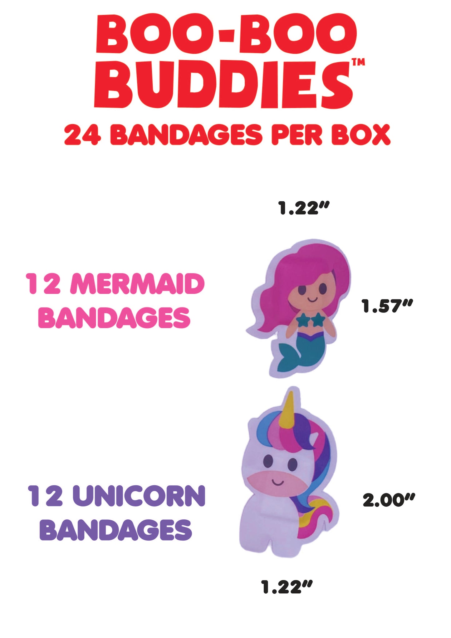 Boo Boo Buddies Bandages - Mermaid and Unicorn - bandage dimensions