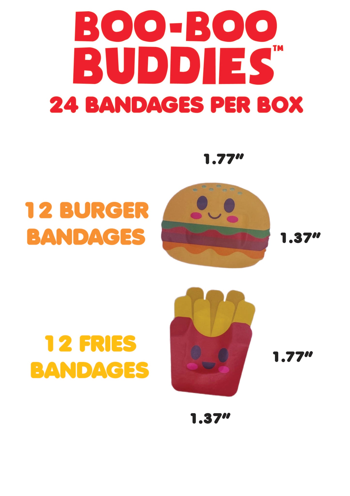 Bandages shaped like a burger and fries for a fun twist on injury protection.and Fries shaped bandage dimensions