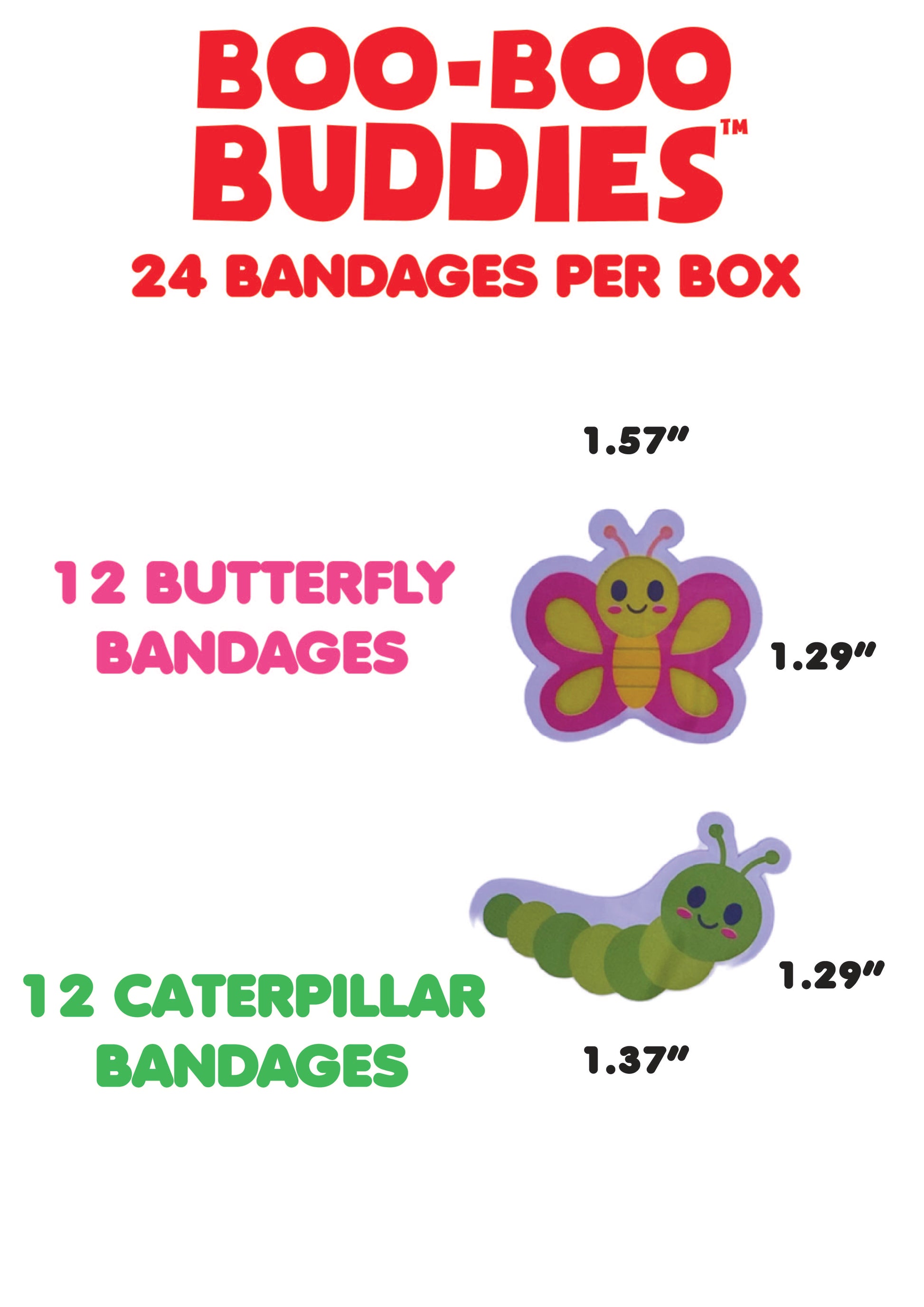 Boo Boo Buddies Bandages - Caterpillar and Butterfly - bandage dimensions