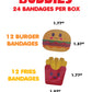 Bandages shaped like a burger and fries for a fun twist on injury protection.and Fries shaped bandage dimensions