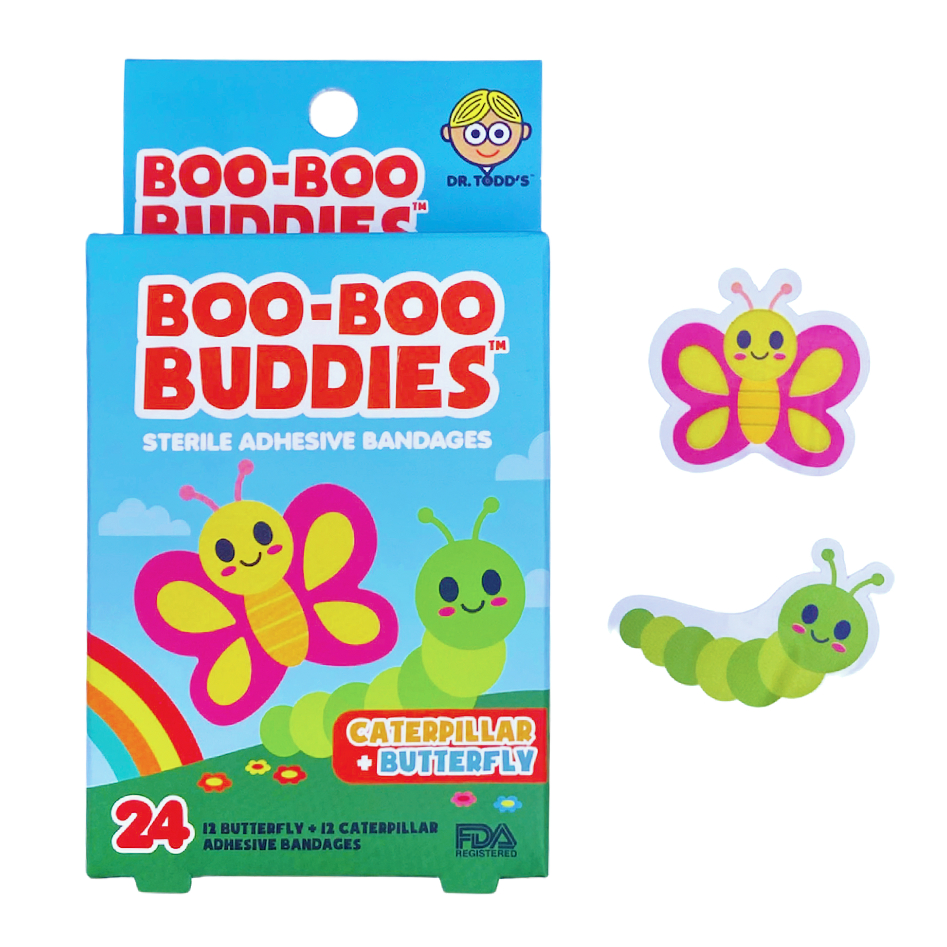 Caterpillar and butterfly-shaped bandages for kids by Dr. Todd’s Boo-Boo Buddies®, 24 count
